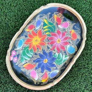 Vintage Hand-Painted Wood Lacquered Floral Tray – Mexico – 13.5” x 9.5”